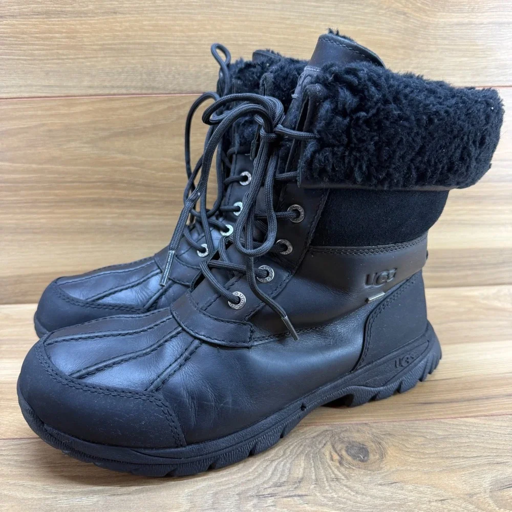 UGG Butte Mens Duck Snow Boot 9 Black Leather Waterproof Sherpa Shearling Vibram